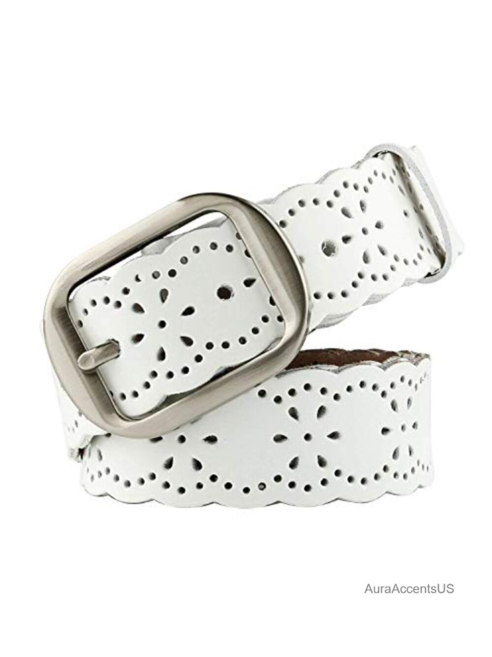 Genuine Leather Wide Belt Hollow Flower Metal Buckle Adjustable Waist